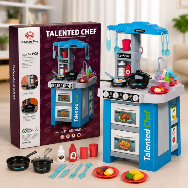 Kitchen Play Set – 67 Pcs Cooking Toy Set with Light, Sound & Water Spray