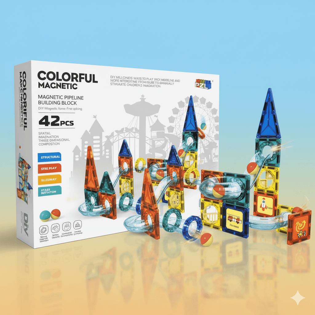 Colorful Magnetic Pipeline Building Blocks 42 Pcs – STEM Marble Run Construction Set