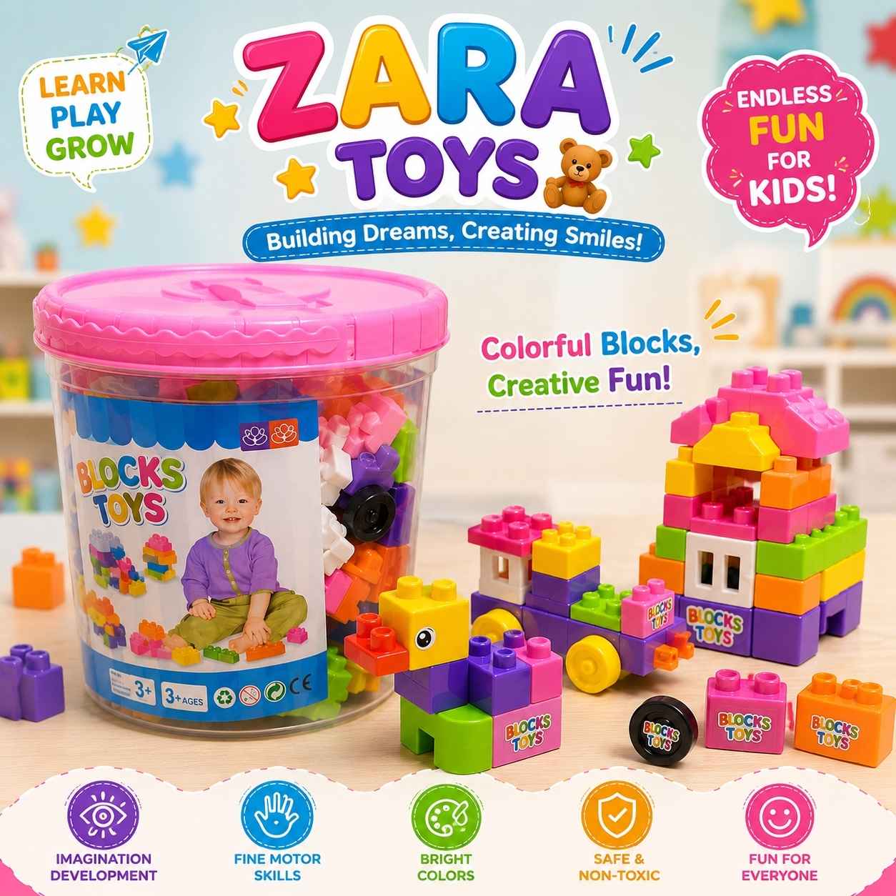 Colorful Building Blocks Bucket Set for Kids
