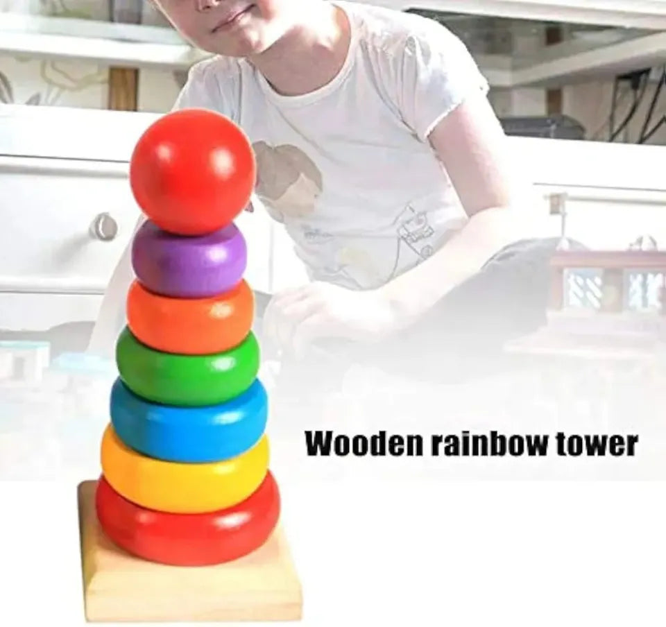 Wooden Rainbow Stacking Tower – Montessori Educational Ring Stacker Toy