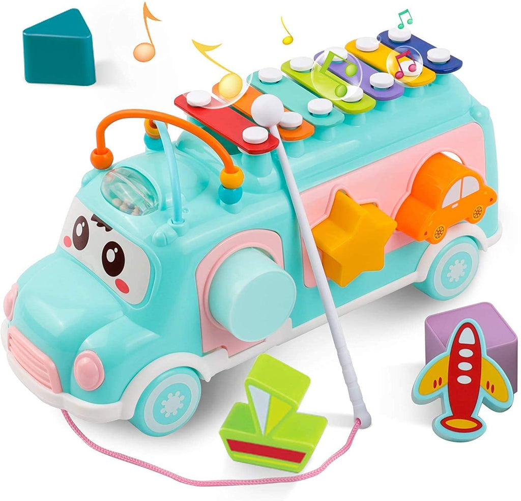 Huanger Music Bus Shape Sorter & Xylophone Toy – Multi-Function Educational Bus (18M+)