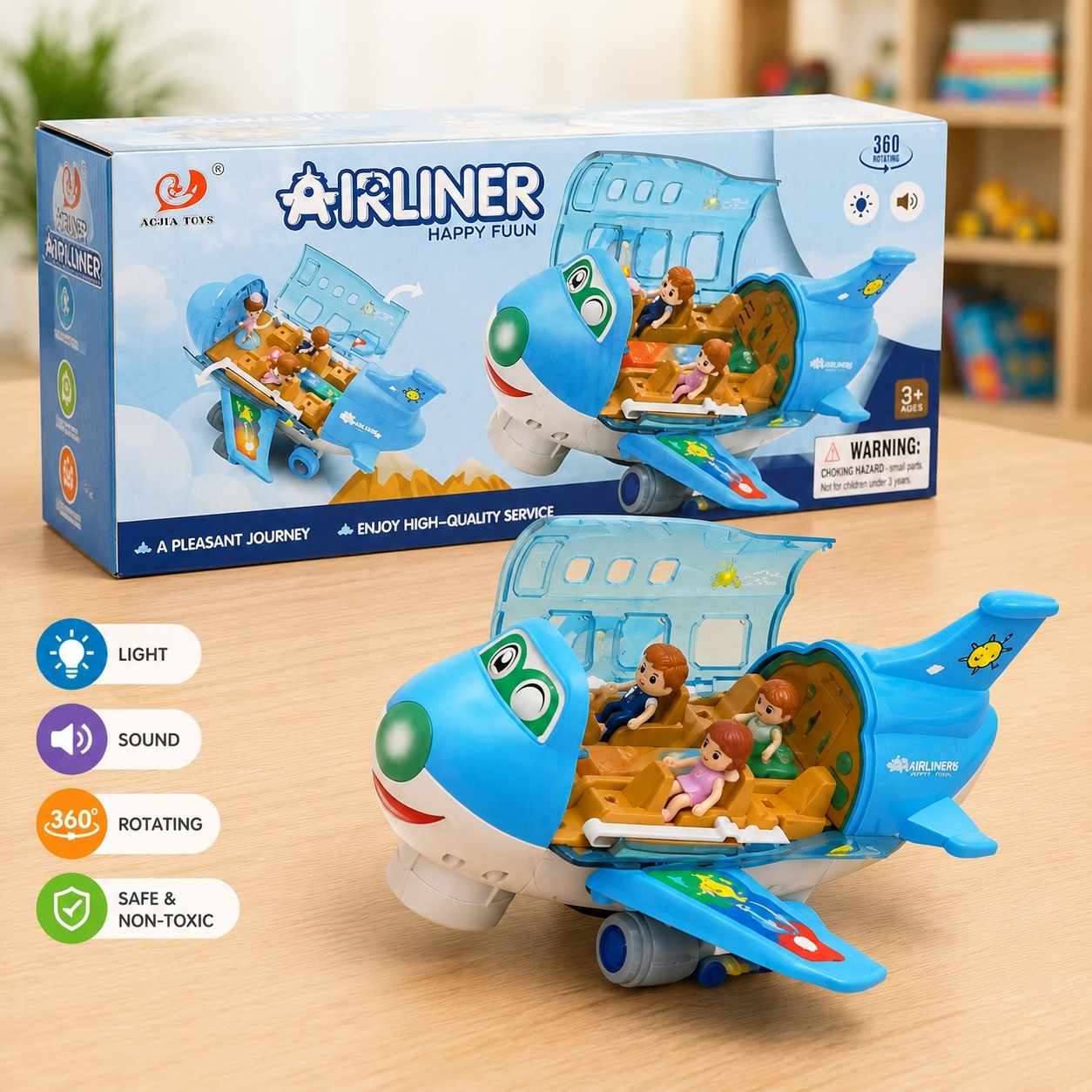 Airliner Toy Plane with Lights & Sound | 360° Rotating Airplane for Kids