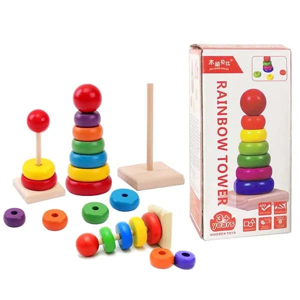 Wooden Rainbow Stacking Tower – Montessori Educational Ring Stacker Toy