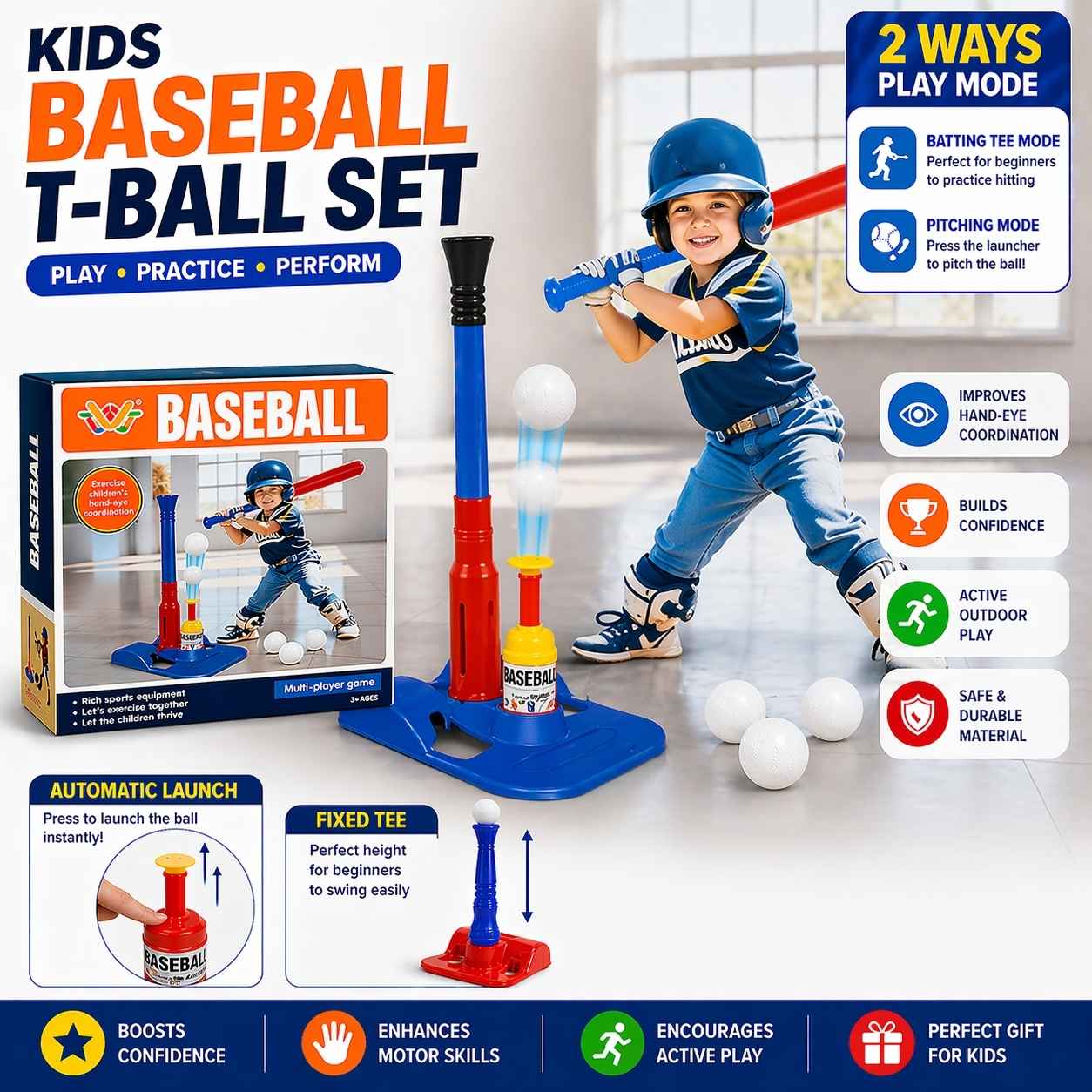 Kids Baseball T-Ball Set with Bat, Balls & Automatic Launcher