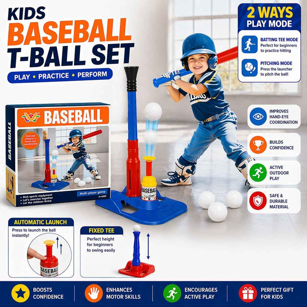 Kids Baseball T-Ball Set with Bat, Balls & Automatic Launcher