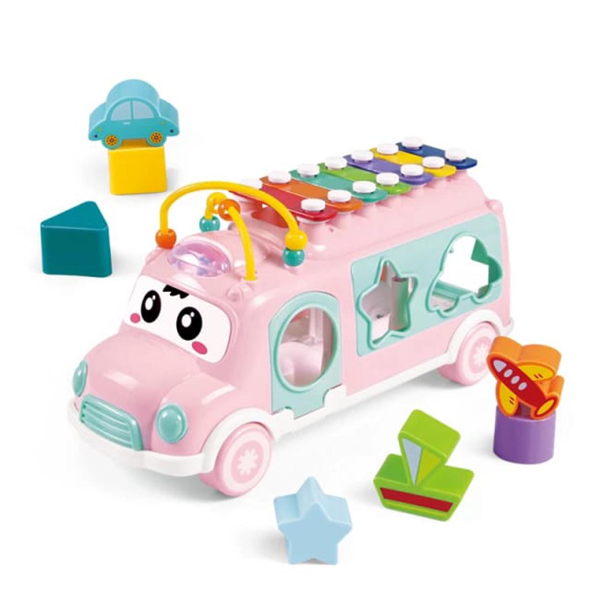 Huanger Music Bus Shape Sorter & Xylophone Toy – Multi-Function Educational Bus (18M+)