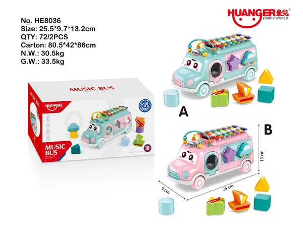 Huanger Music Bus Shape Sorter & Xylophone Toy – Multi-Function Educational Bus (18M+)