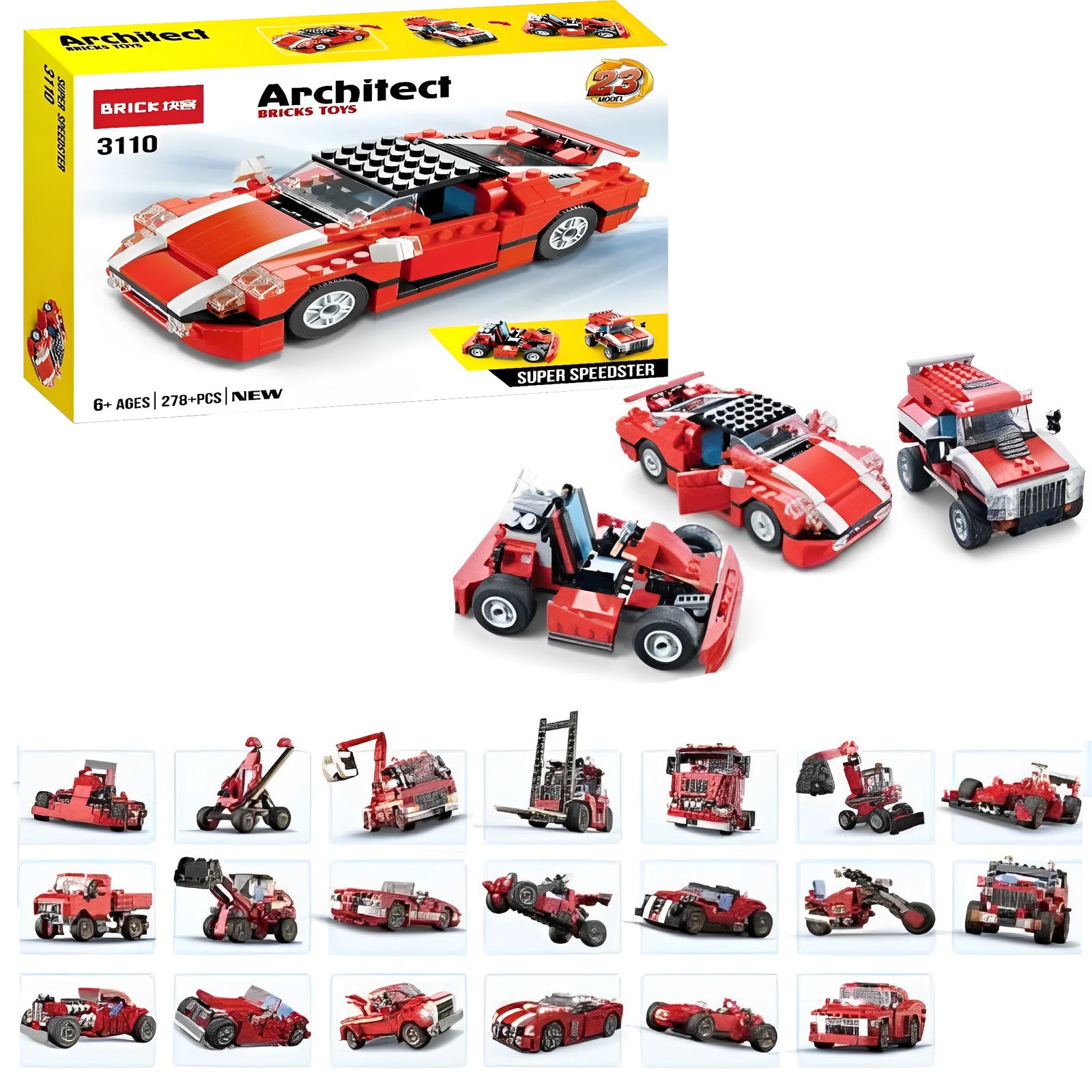 Architect Bricks Toys Super Speedster Building Blocks – 23 in 1 Car Set (278+ PCS)